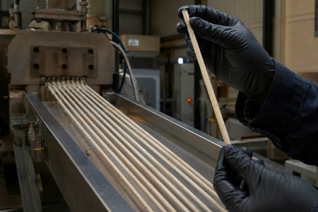 Línea de extrusión produciendo popotes biodegradables, revisados con guante