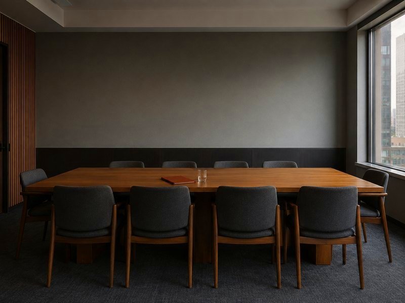 Sala de juntas vacía con mesa de madera maciza y luz de ventana