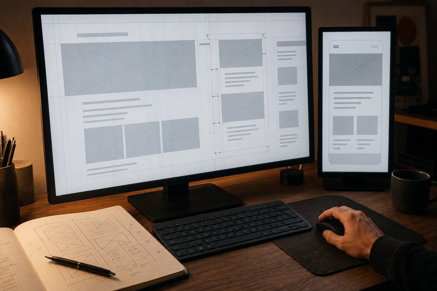 Wireframe de un sitio dibujado a lápiz sobre papel