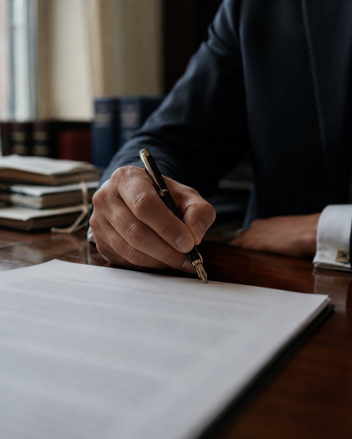 Firma de documentos en un despacho de abogados, pluma sobre el contrato