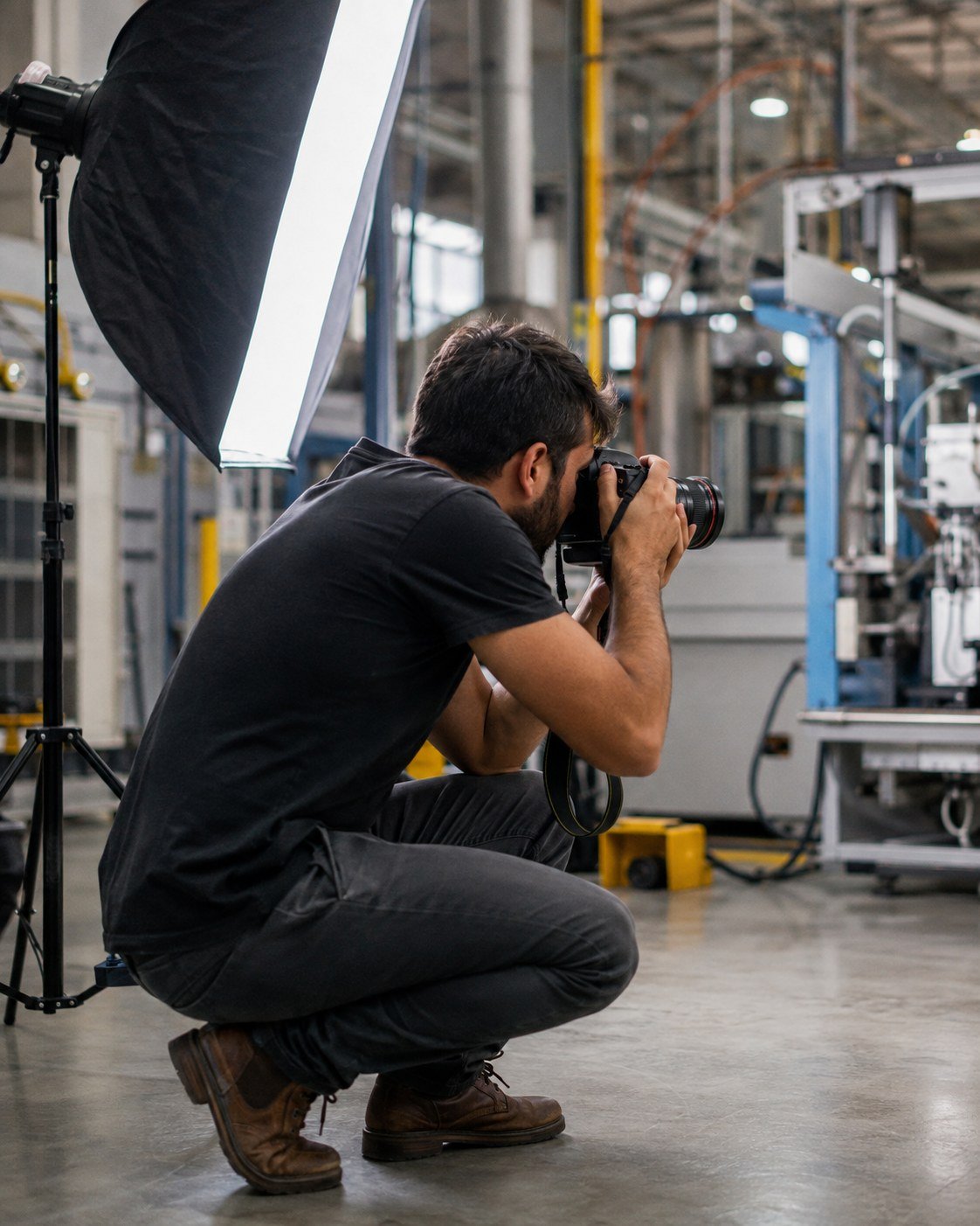 Fotógrafo profesional trabajando dentro de una planta industrial