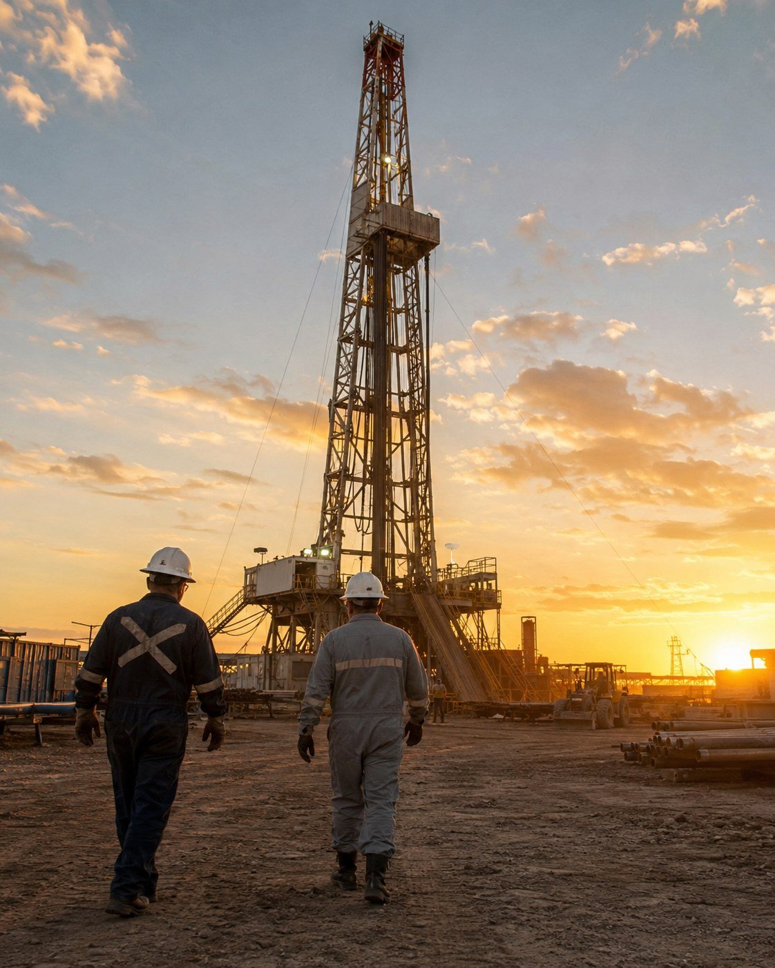Equipo de perforación petrolera en el noreste de México al atardecer