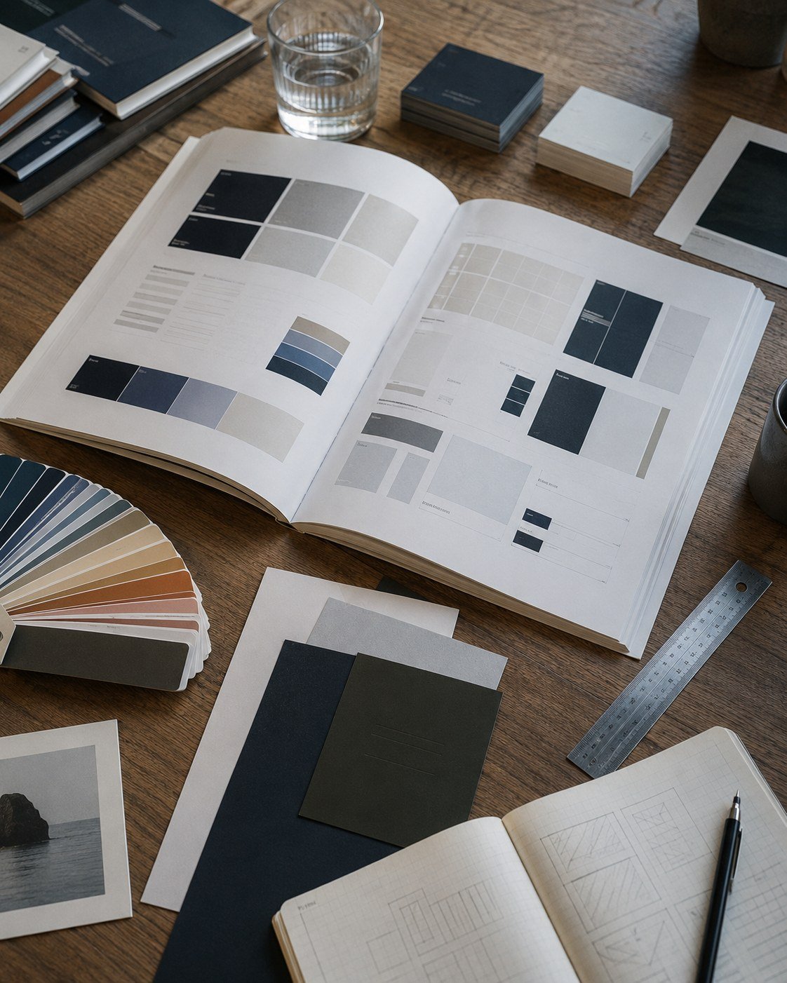 Manual de marca impreso sobre una mesa de trabajo con muestras de papelería