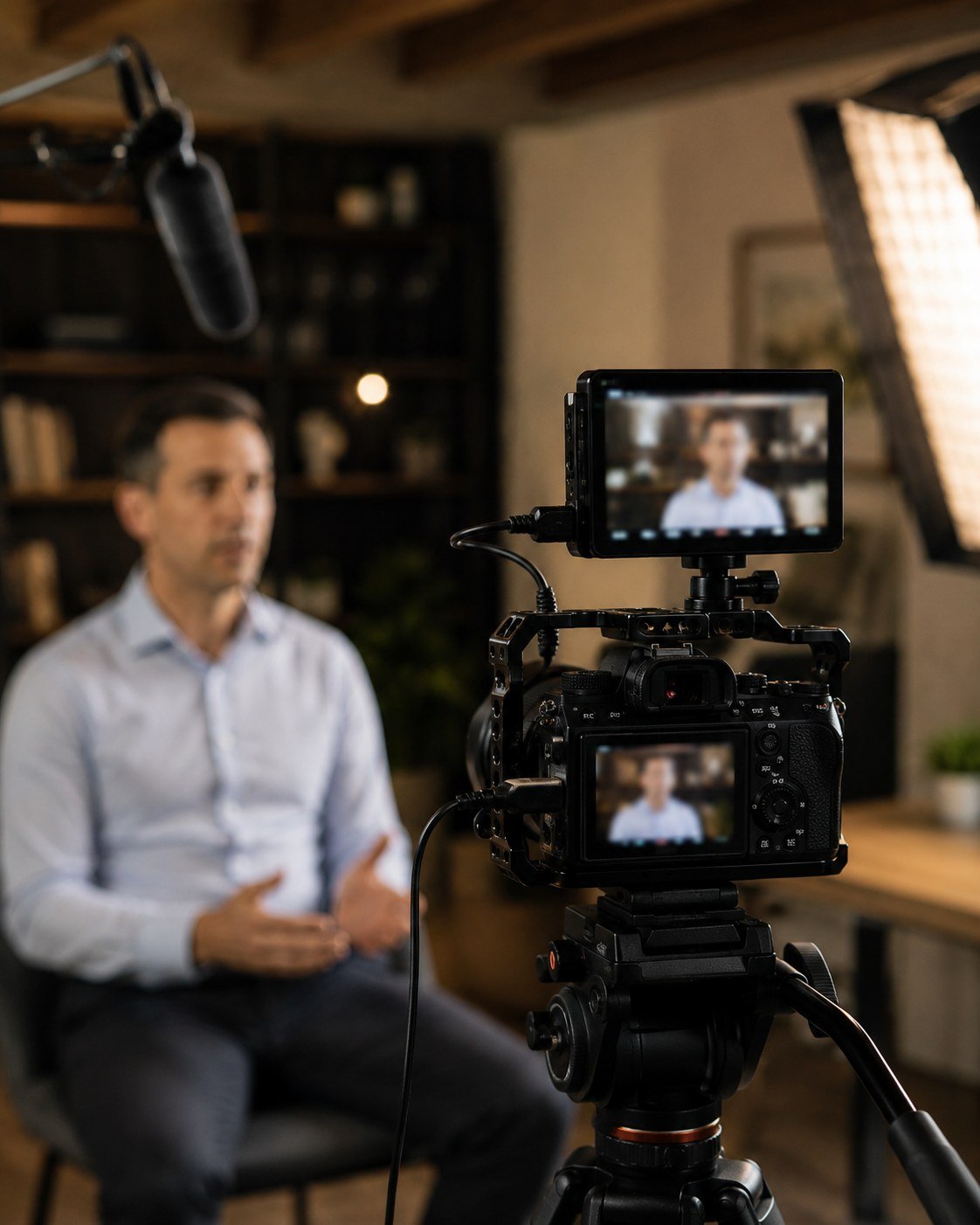 Grabación de un talking head profesional con cámara Sony A7S II en jaula, monitor externo y softbox