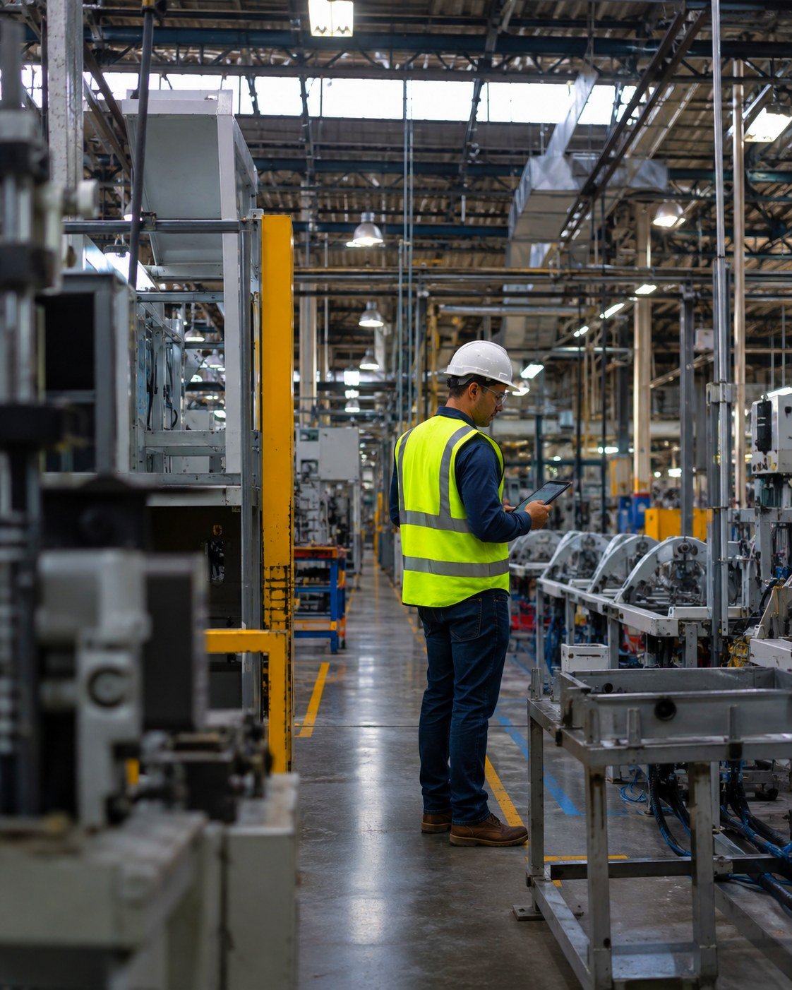 Nave de manufactura del corredor industrial con líneas de producción en operación