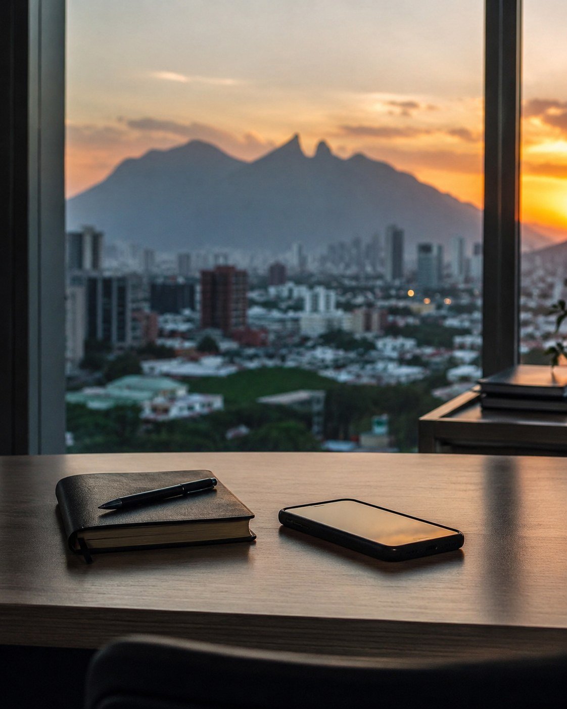 Escritorio con libreta y teléfono frente a una ventana con el Cerro de la Silla al atardecer