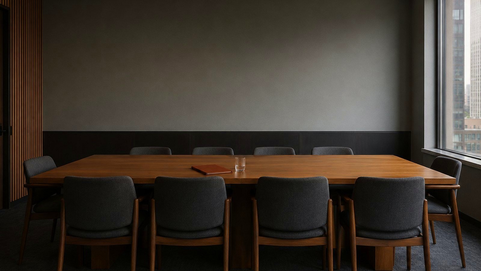 Sala de juntas vacía con mesa de madera maciza y luz de ventana