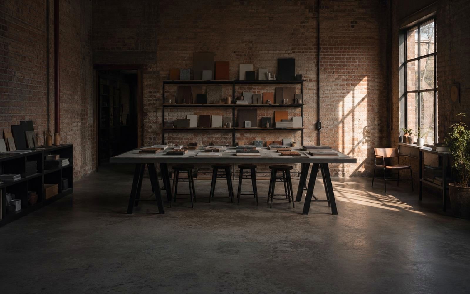 Interior del estudio: nave de ladrillo con mesa larga de trabajo y estantes de muestras
