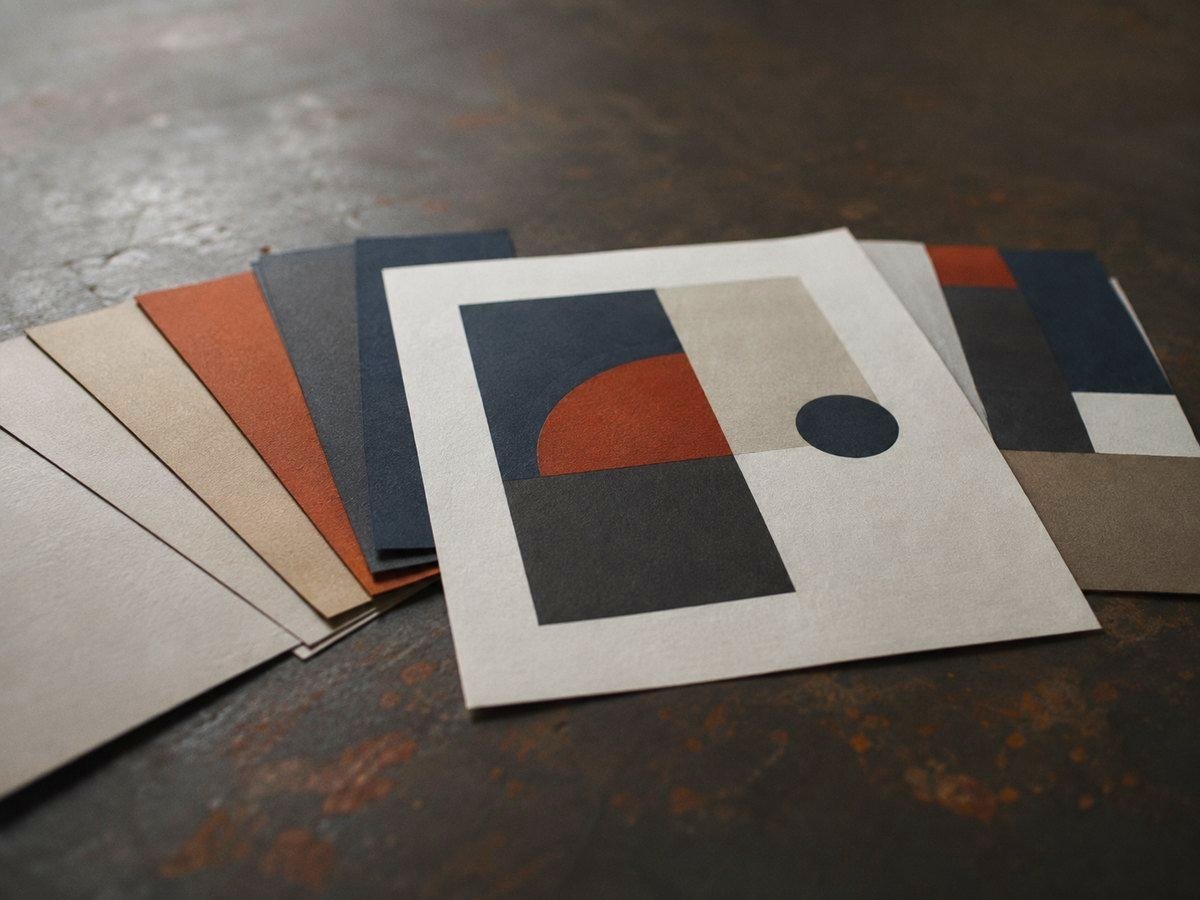 Páginas de manual de marca y muestras de papel abiertas sobre una mesa