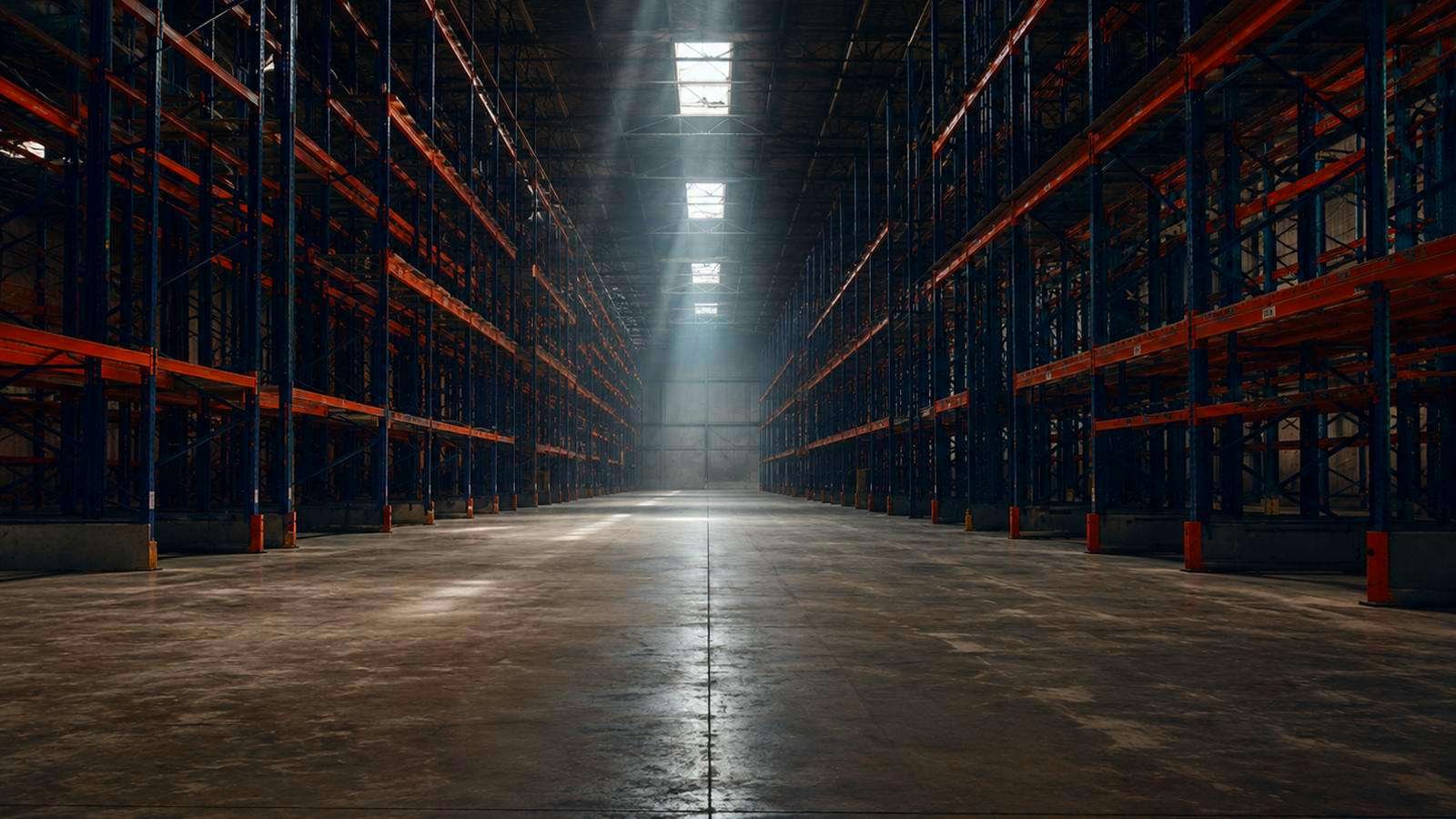 Pasillo central de una bodega industrial entre racks de altura, con luz cenital